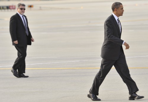 President Barack Obama arrives at LAX Airport in Los Angeles, Ca for a rally in downtown