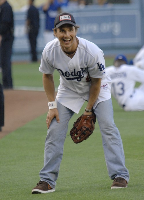 Matthew McConaughey throws the ceremonial first pitch before the game between the New York Mets and Los Angeles Dodgers